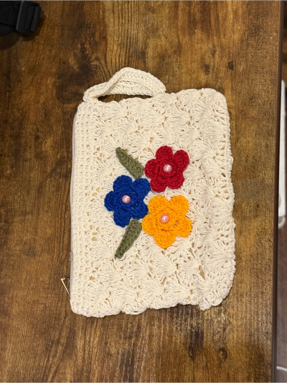 HANDMADE CROCHET Cream Floral Wristlet with Red, Blue & Yellow Flowers